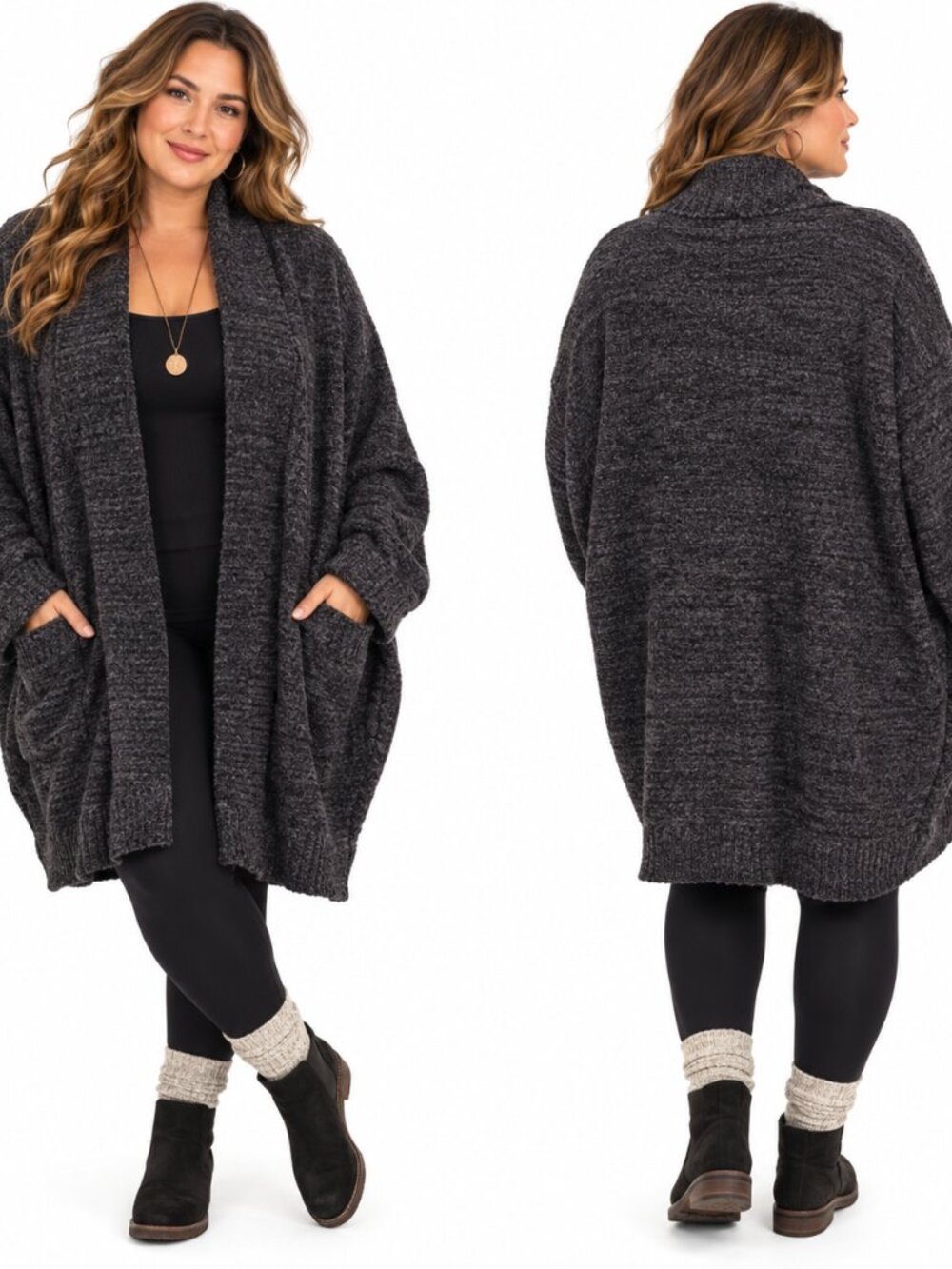 Barefoot Dreams CozyChic Cali Cardi 2X Carbon Black Minimalist Cozy Loungewear